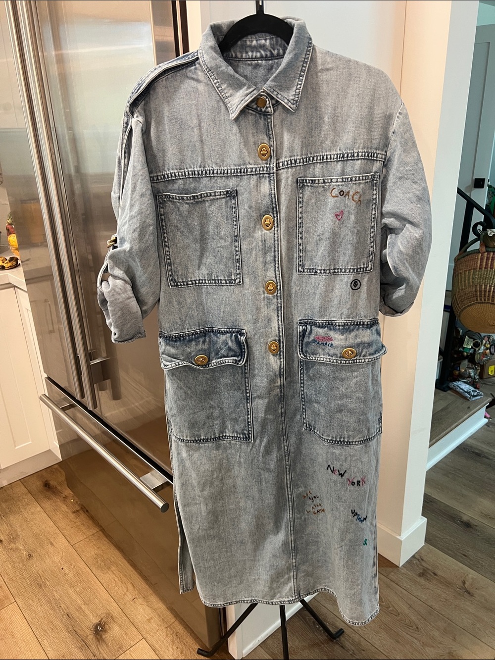 Coach sold out  hand embroidery Washed Denim dress turn lock buttons